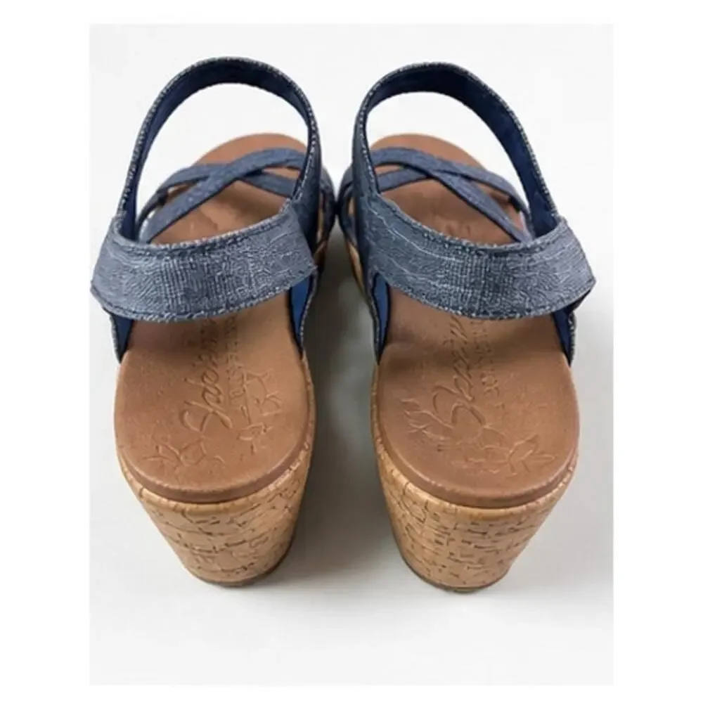 Skechers Luxe Foam Blue Strappy Wedge Sandals Womens Size 8 Cork Heel Comfort